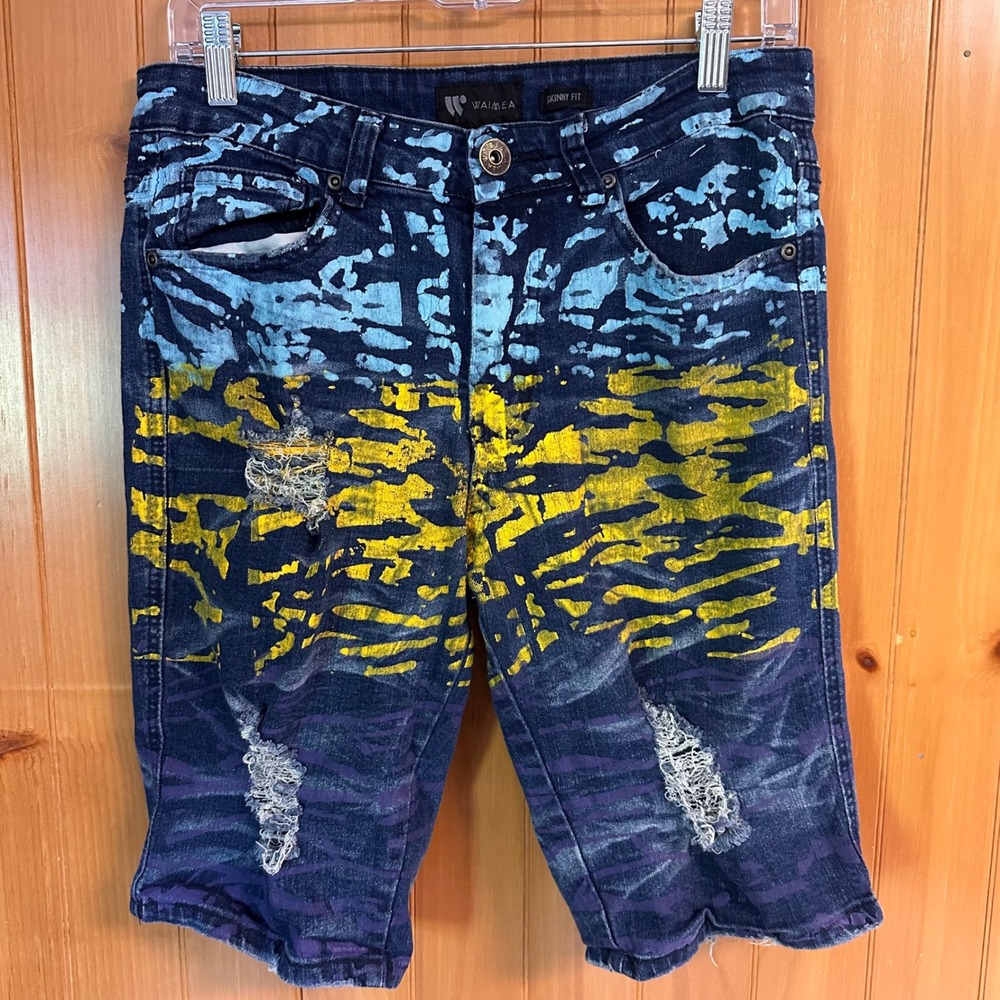 Waimea Mens Skinny Fit Distressed Paint Splatter Denim Shorts Blue Yellow Sz 30